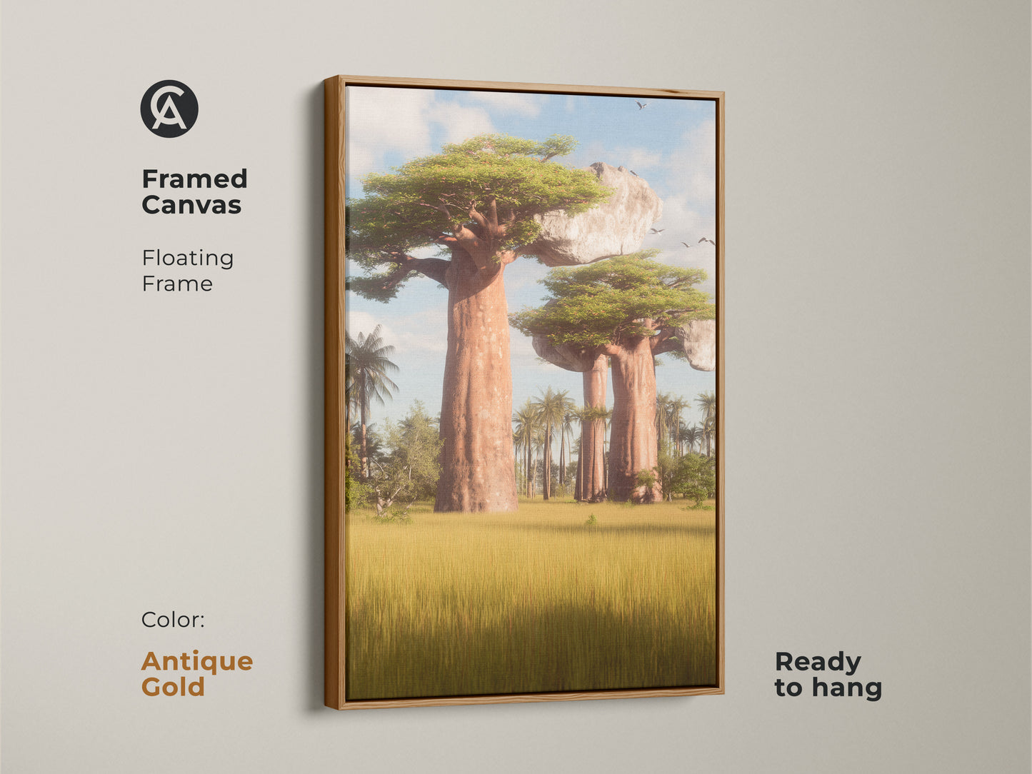 Baobab Tree art in a framed canvas with an antique gold floating frame. The African Savanna wall art looks stunning. This realistic landscape painting brings nature's beauty inside. The eclectic decor features brown yellow and green tones. A unique art print gift ready to hang.