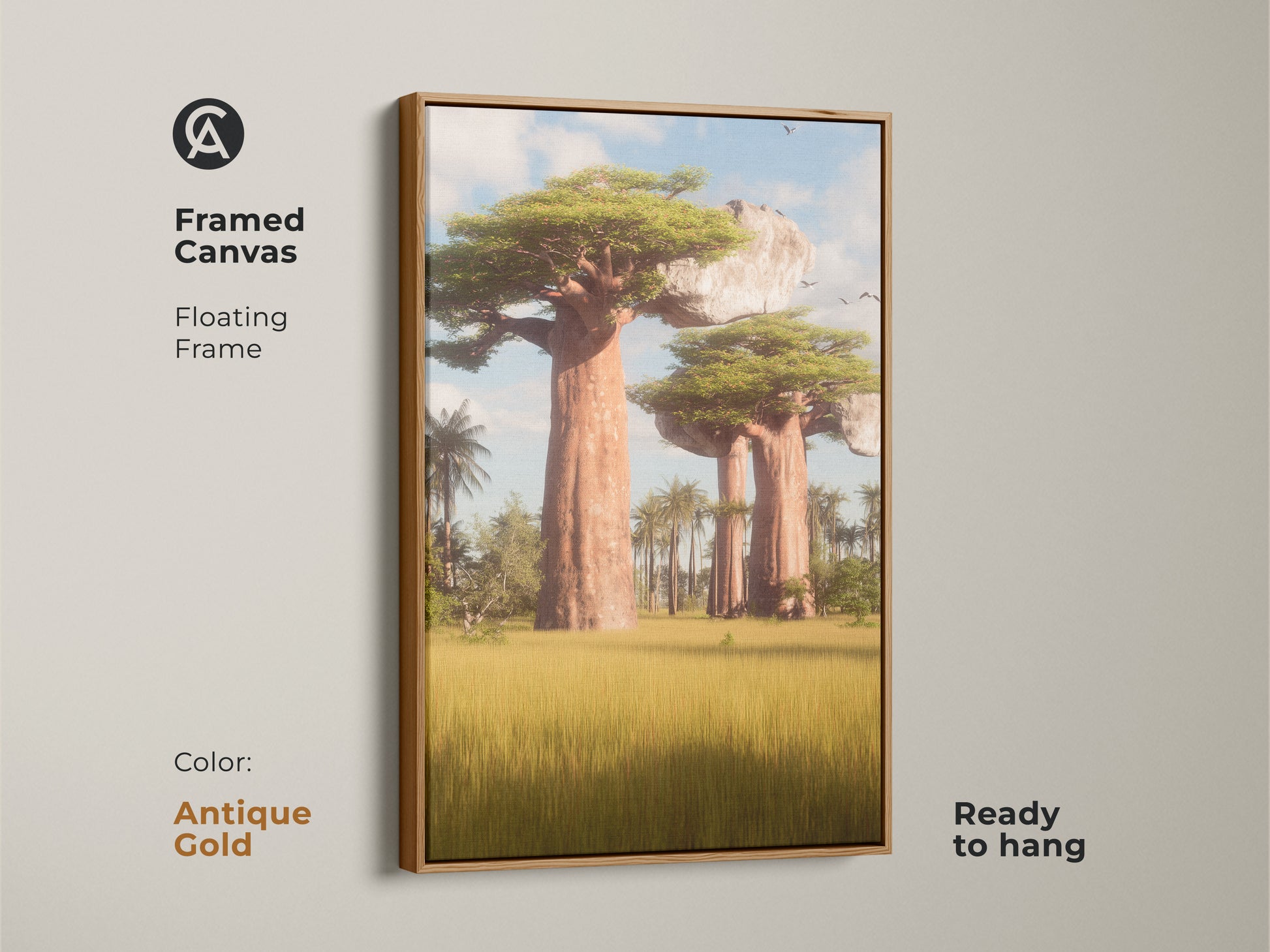 Baobab Tree art in a framed canvas with an antique gold floating frame. The African Savanna wall art looks stunning. This realistic landscape painting brings nature's beauty inside. The eclectic decor features brown yellow and green tones. A unique art print gift ready to hang.