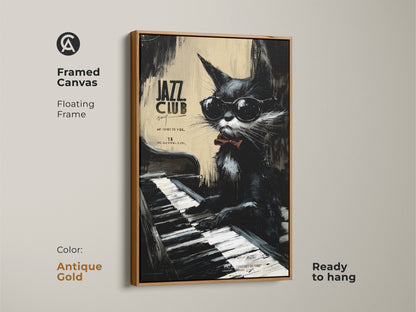 Framed canvas with an antique gold floating frame. It shows a cool cat playing piano at a jazz club. This stylish artwork is ready to hang. Perfect for adding a musical touch to your space.