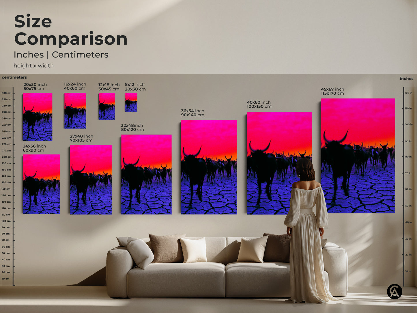 Size comparison of surreal cattle herd artwork. Inches and centimeters shown. Various sizes from 20x30 cm to 45x67 inch. Choose the perfect scale for your eclectic home decor needs.