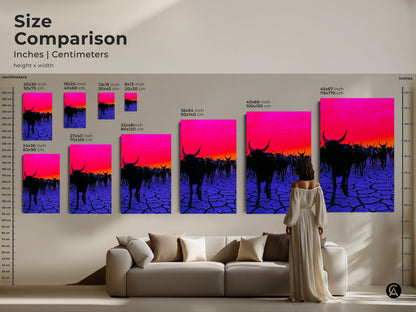 Size comparison of surreal cattle herd artwork. Inches and centimeters shown. Various sizes from 20x30 cm to 45x67 inch. Choose the perfect scale for your eclectic home decor needs.