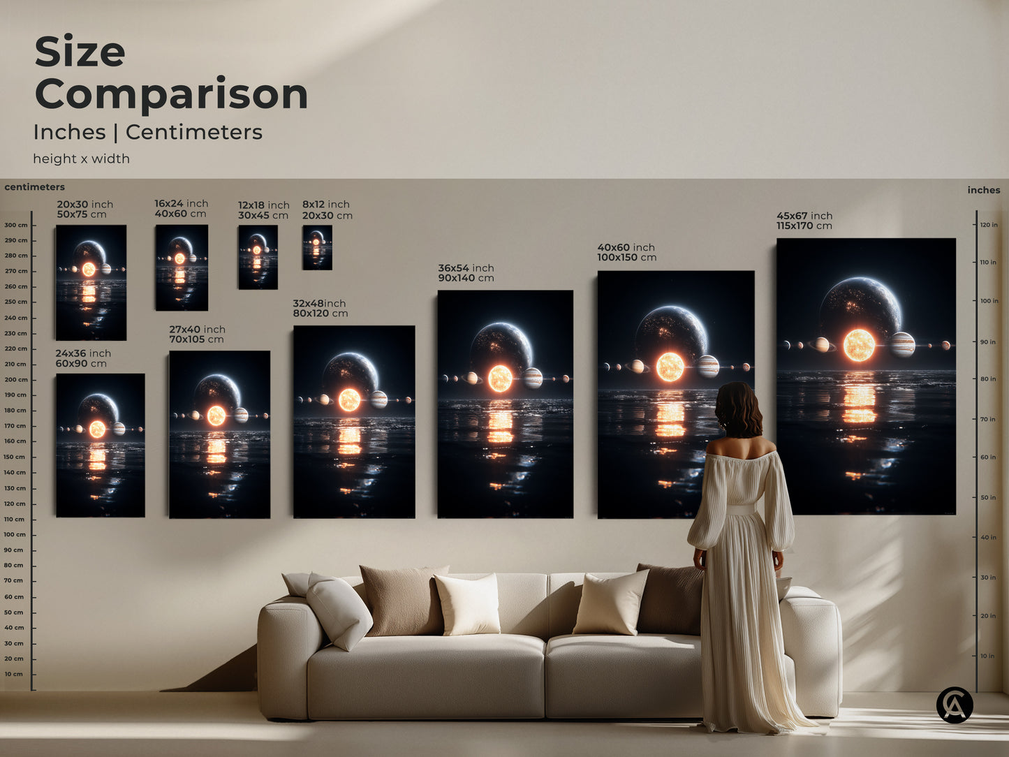 Size comparison of planets in space art prints. See the artwork next to furniture for scale. Find sizes ranging from 8x12 inches to 45x67 inches. Find the perfect fit for any room today.