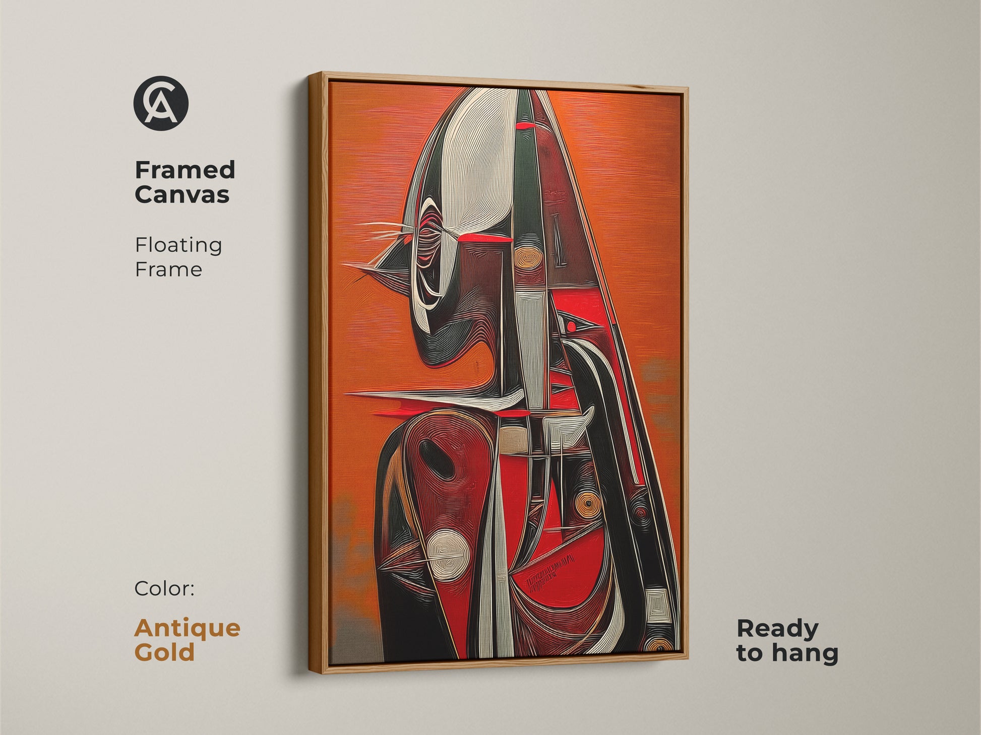 Antique Gold framed canvas featuring abstract expressionism. The tangerine red contrasts against the modern antique gold floating frame. Ready to hang geometric figure art print. Shop now for unique eclectic decor.