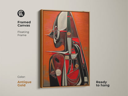 Antique Gold framed canvas featuring abstract expressionism. The tangerine red contrasts against the modern antique gold floating frame. Ready to hang geometric figure art print. Shop now for unique eclectic decor.