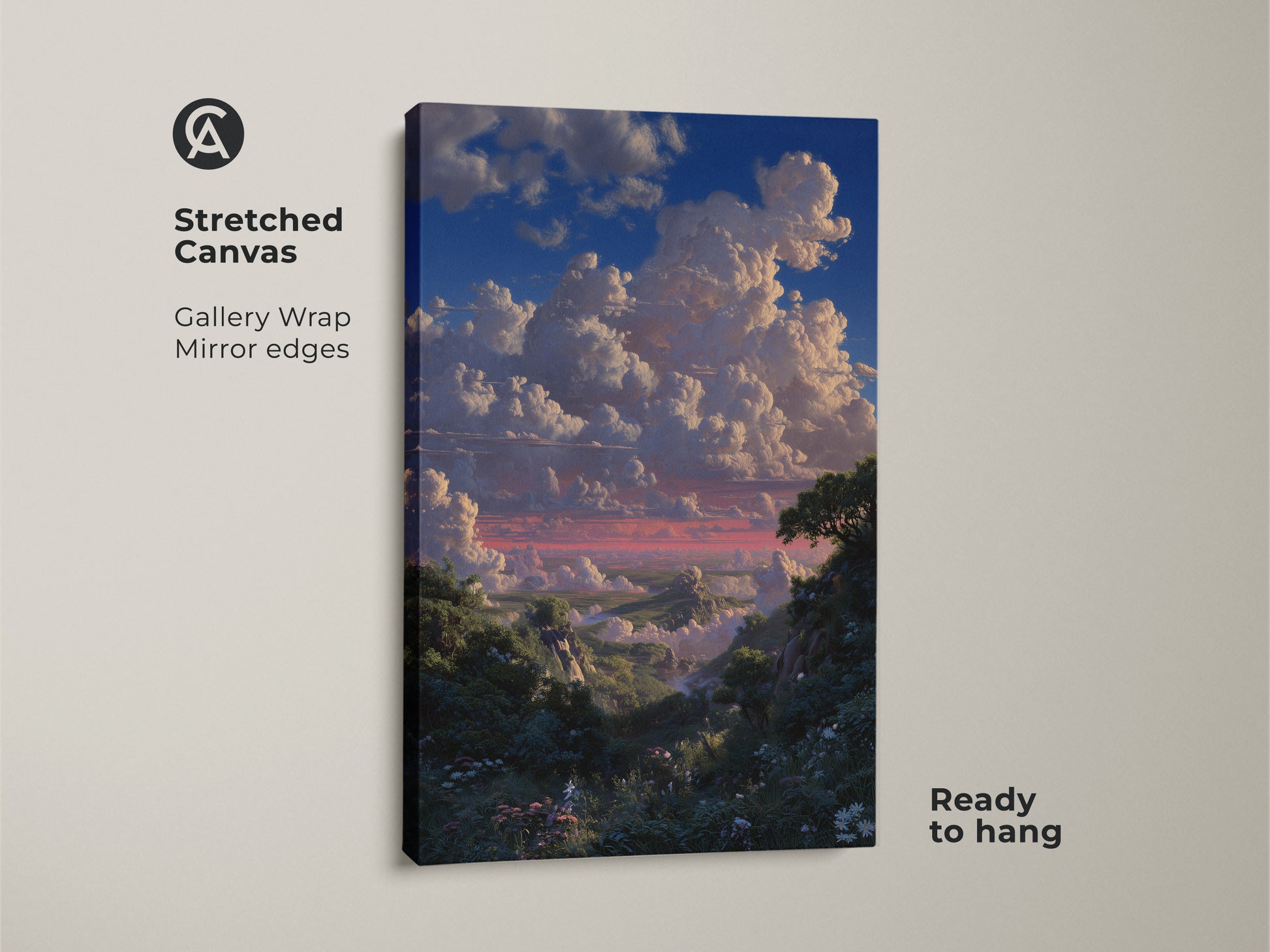 Stretched canvas featuring luminism landscape artwork. The romantic sky art print brings blue green nature to any wall. It's ready to hang making it ideal bedroom landscape decor.
