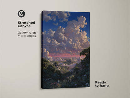 Stretched canvas featuring luminism landscape artwork. The romantic sky art print brings blue green nature to any wall. It's ready to hang making it ideal bedroom landscape decor.