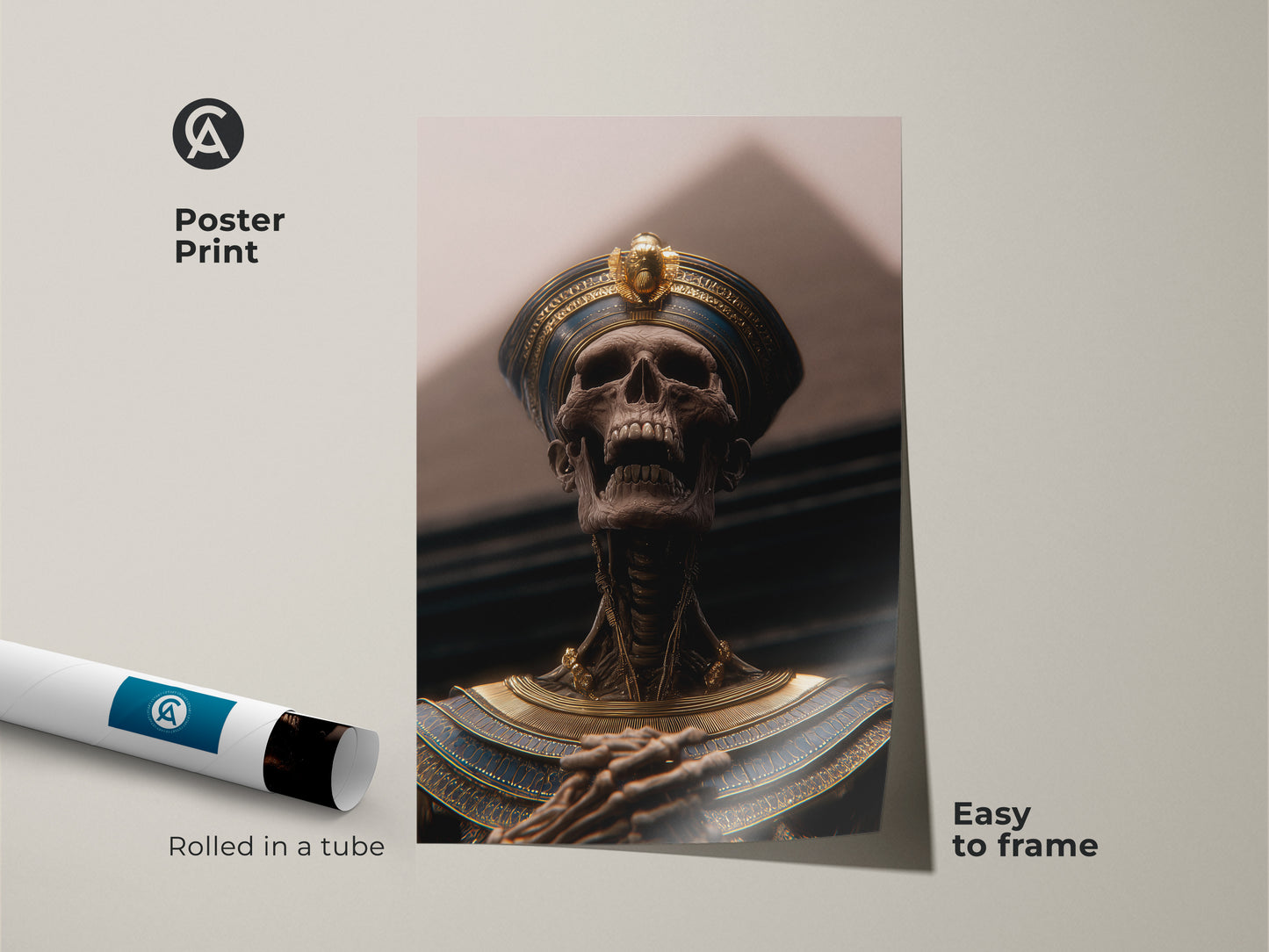 Ancient Egypt mythology art poster. This pharaoh skeleton canvas features Dark Academia gold blue tones. A gothic Egyptian decor for study room office decor. Rolled in a tube this pharaoh skull poster is easy to frame. The cultural history print is eclectic and a unique man cave art.