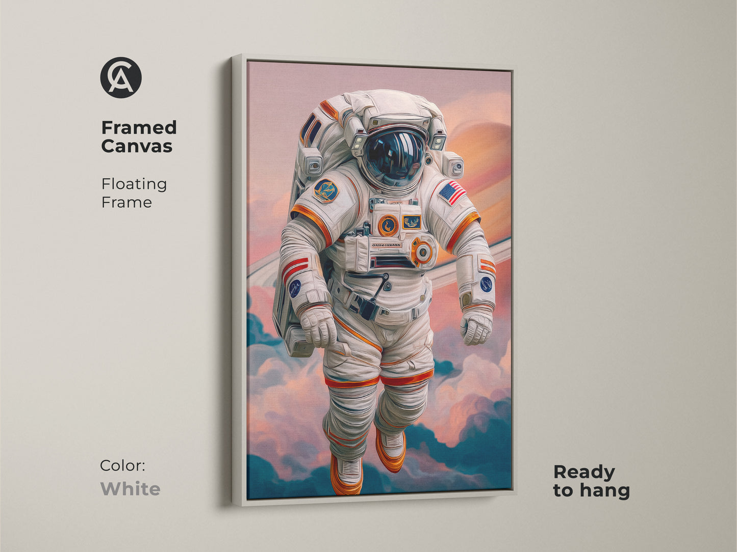 Bring a cosmic touch with framed astronaut canvas artwork in a white floating frame. This modern digital painting shows an astronaut in space near Saturn rings. Its white and orange palette is great for any decor. The artwork is ready to hang. Great for space themed rooms.
