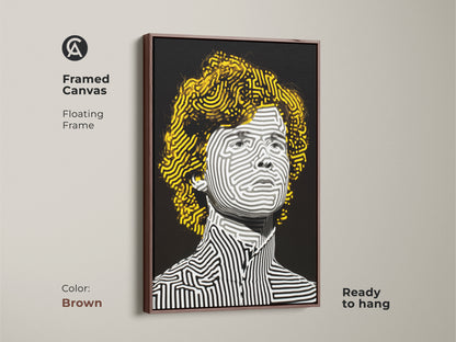 Framed canvas art in a floating brown frame. The art features a striped portrait of a person with yellow hair. The canvas artwork is ready to hang. A warm and sophisticated piece for any modern space.
