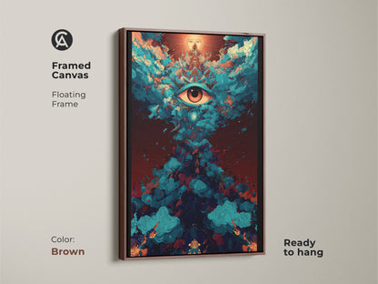 Brown framed canvas art showcases a surreal eye. A floating frame enhances this psychedelic wall decor. Ready-to-hang spiritual abstract artwork brings unique energy. Teal and orange hues enrich any space. Ideal eclectic home decor.