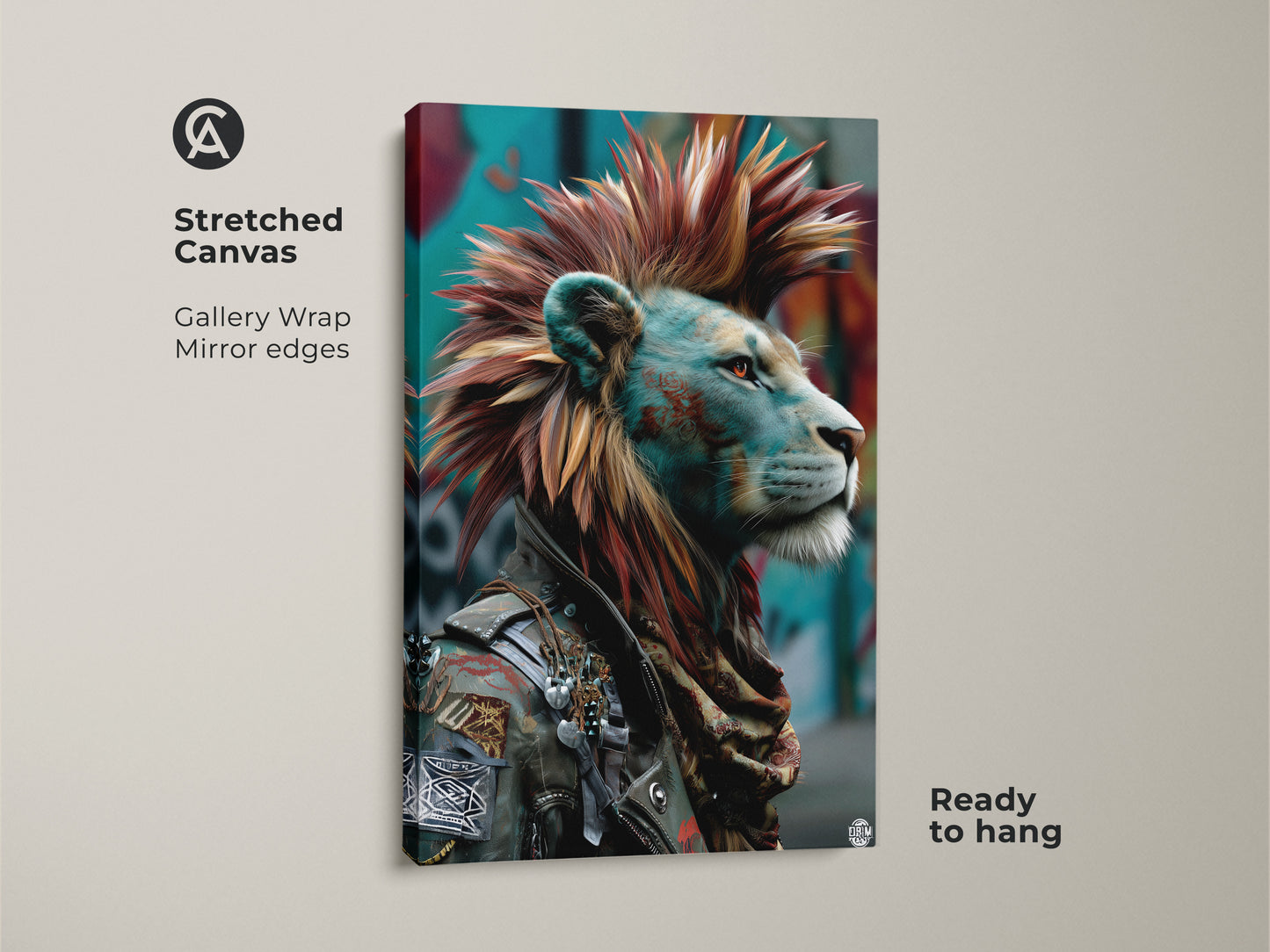 Stretched canvas art of a punk lion with a mohawk. The urban street art print features a red and teal animal poster. This Mohawk King wall art is ready to hang and gallery wrapped. Perfect eclectic man cave decor or unique bedroom art.