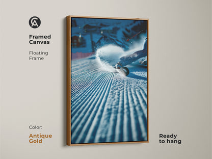 Framed canvas artwork of a snowboarder making a turn. The floating frame is antique gold. This frame adds a touch of elegance. The canvas is ready to hang. Perfect for adding sophistication to your space. Buy this art today.