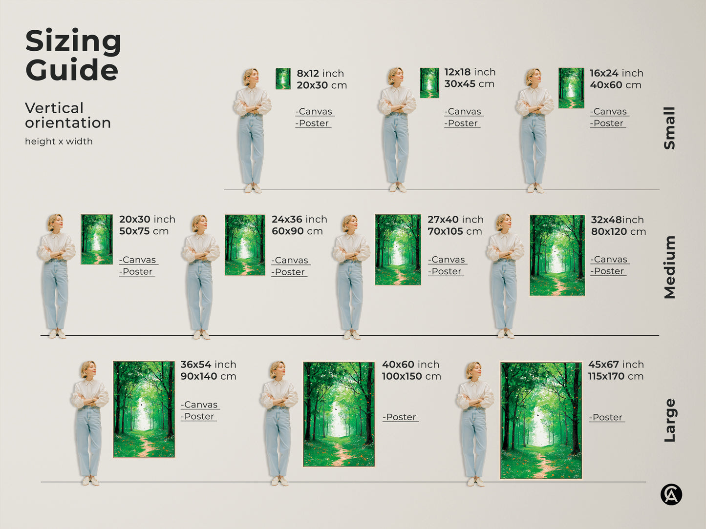 Sizing guide for the vertical orientation of the emerald green forest path art print. This boho butterfly woodland wall decor comes in canvas or poster options. Find the perfect size now.