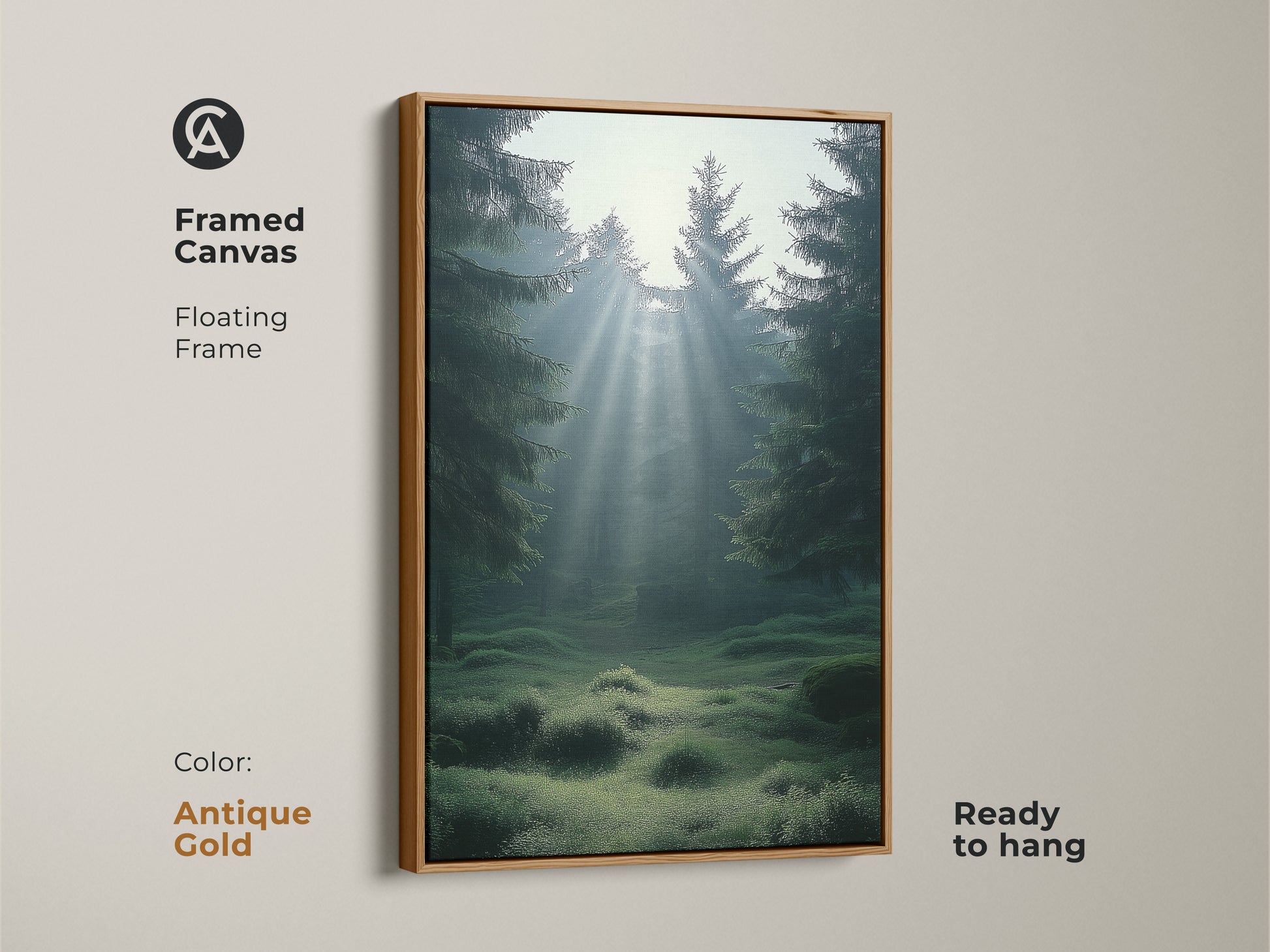 Antique gold framed canvas print of a misty emerald forest with sunbeams. This Scandinavian landscape art is ready to hang. The teal nature wall decor adds a calming touch. A beautiful housewarming nature gift art.