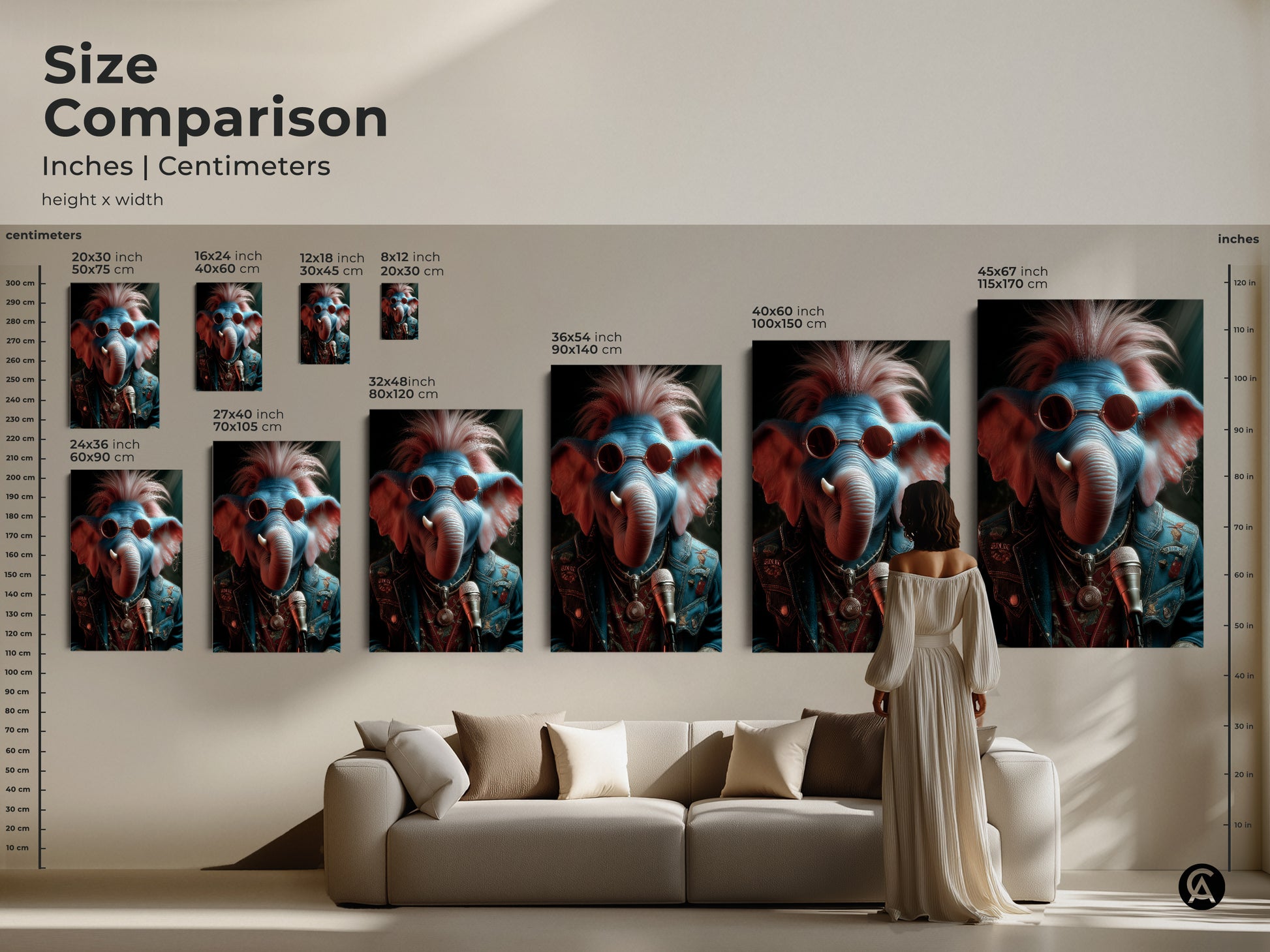 Compare sizes of this rockstar elephant canvas art. From small to large find the ideal dimensions for your wall. This punk rock art print will make a statement. Visualize the art in your living space with our size comparison tool. Great for music rooms and man caves.