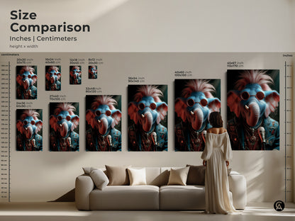 Compare sizes of this rockstar elephant canvas art. From small to large find the ideal dimensions for your wall. This punk rock art print will make a statement. Visualize the art in your living space with our size comparison tool. Great for music rooms and man caves.