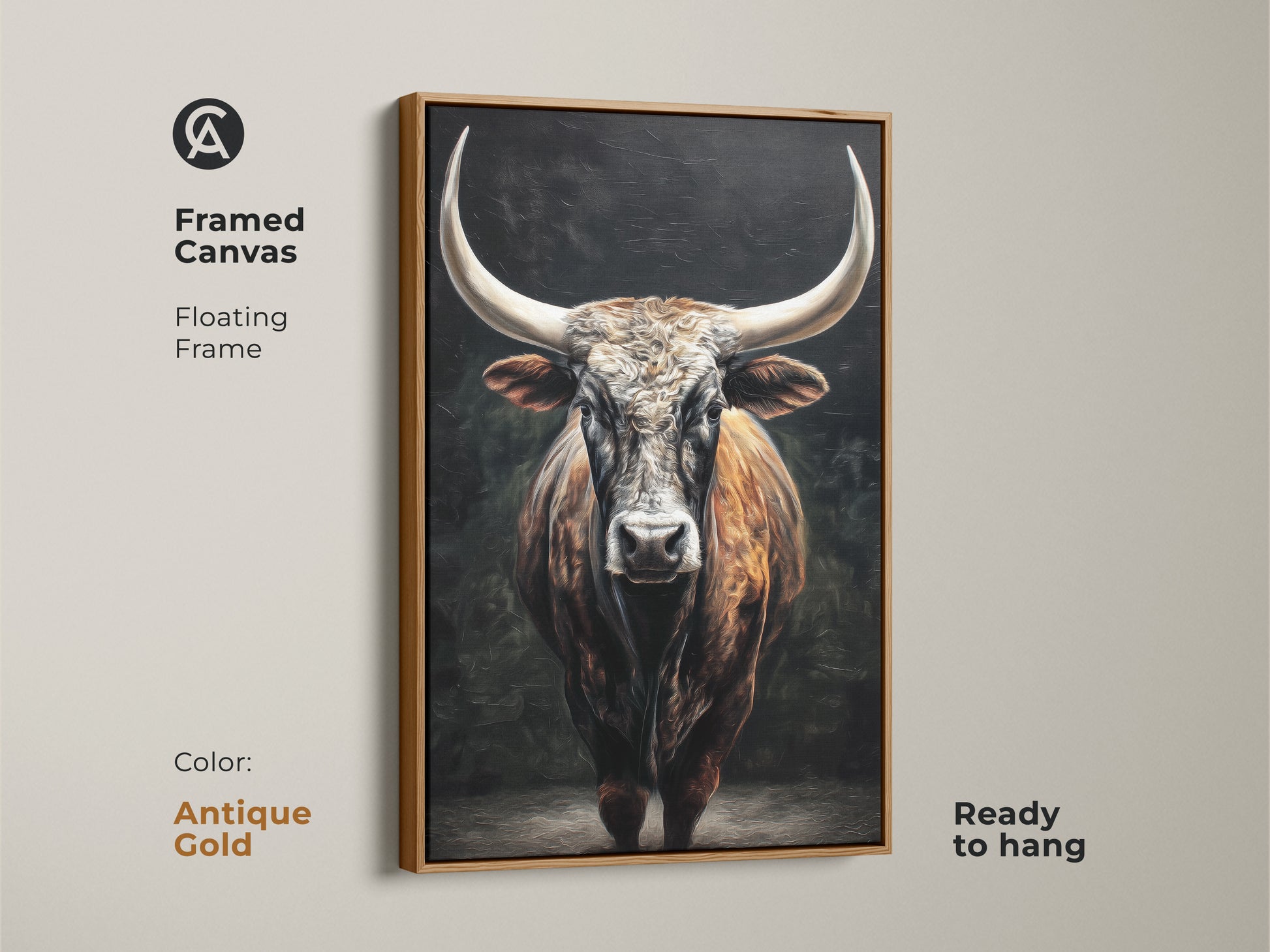 This framed canvas features a rustic Texas Longhorn. An antique gold floating frame enhances the bull artwork. This ready-to-hang animal wall art adds charm. It's brown tan farmhouse wall decor. Perfect for office wall decor. This bull canvas art is a unique study art print.