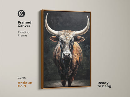 This framed canvas features a rustic Texas Longhorn. An antique gold floating frame enhances the bull artwork. This ready-to-hang animal wall art adds charm. It's brown tan farmhouse wall decor. Perfect for office wall decor. This bull canvas art is a unique study art print.