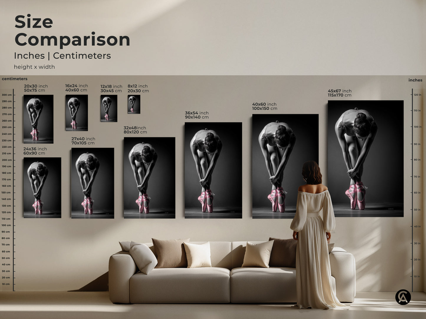 Size comparison of ballerina art prints. See how different sizes look above a sofa. Find the perfect scale for your room. Each print features a dancer highlighted by pink pointe shoes.