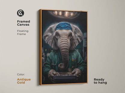 This framed canvas art features an elephant doctor with an antique gold floating frame. The green medical art is ready to hang. A unique doctor gift. This surreal elephant portrait is great office wall art.