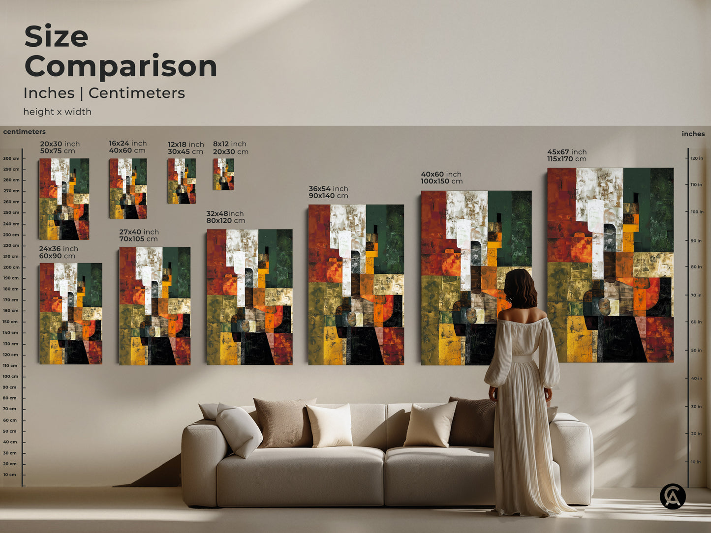 Size comparison of abstract geometric artwork in various dimensions. See how this contemporary canvas fits above a sofa. This art adds a modern touch with terracotta orange green.