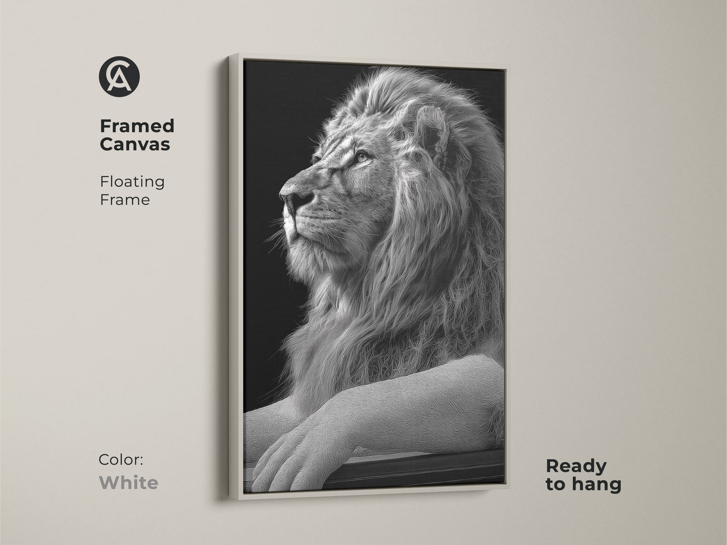 Framed black and white lion art print with a white floating frame. This regal animal artwork is ready to hang. Enhance your home office wall decor with this contemporary animal art piece.