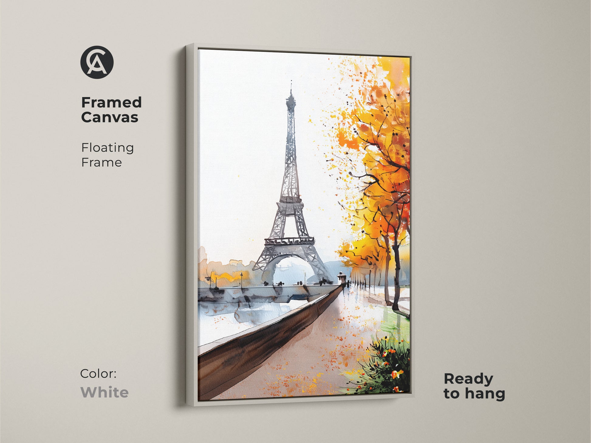 Framed Canvas of the Paris Eiffel Tower with a floating white frame. Features watercolor landscape wall art and autumn trees in this French cityscape. Impressionistic Paris decor and fall color art print.