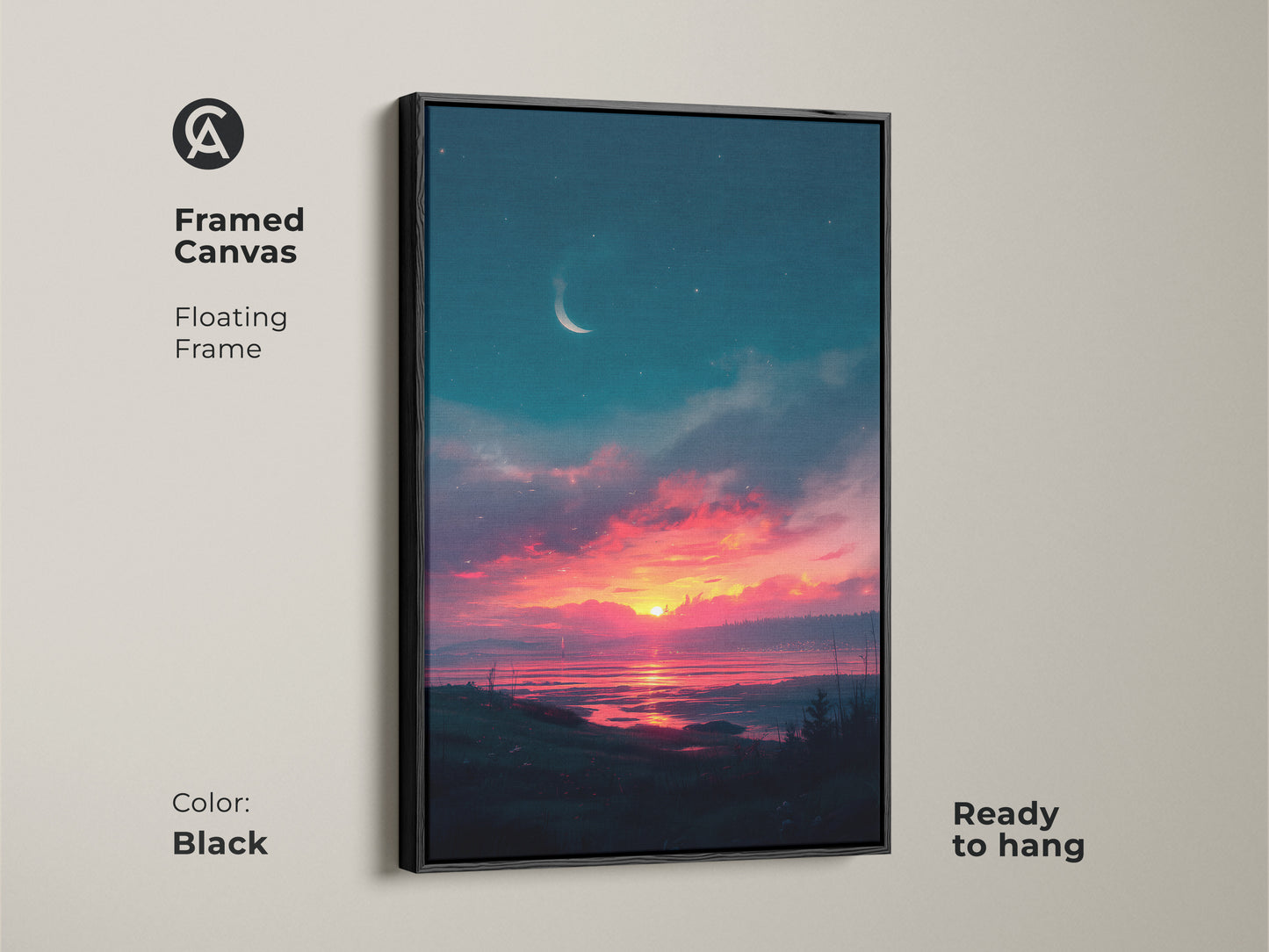 Enhance your home decor with this framed sunset canvas. The floating black frame adds a touch of elegance to the artwork. Ready to hang and enjoy this serene landscape. The vivid colors of the sunset create a focal point in any space. Bring the beauty of nature indoors today.