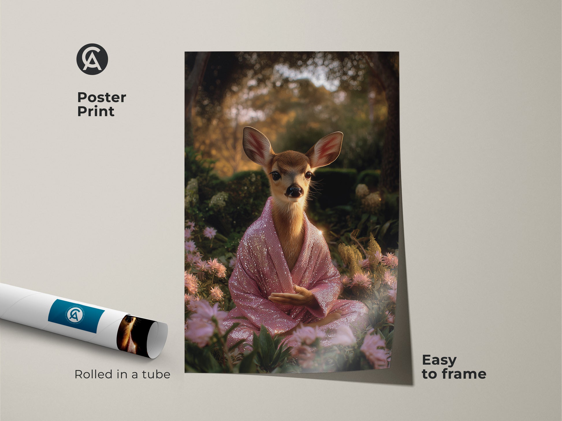 Poster print of a meditating deer rolled in a tube. Easy to frame this whimsical deer bedroom art brings nature indoors. The pink sequin robe fawn print is calming and serene. A unique spiritual animal decor.