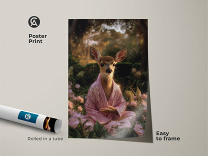Poster print of a meditating deer rolled in a tube. Easy to frame this whimsical deer bedroom art brings nature indoors. The pink sequin robe fawn print is calming and serene. A unique spiritual animal decor.