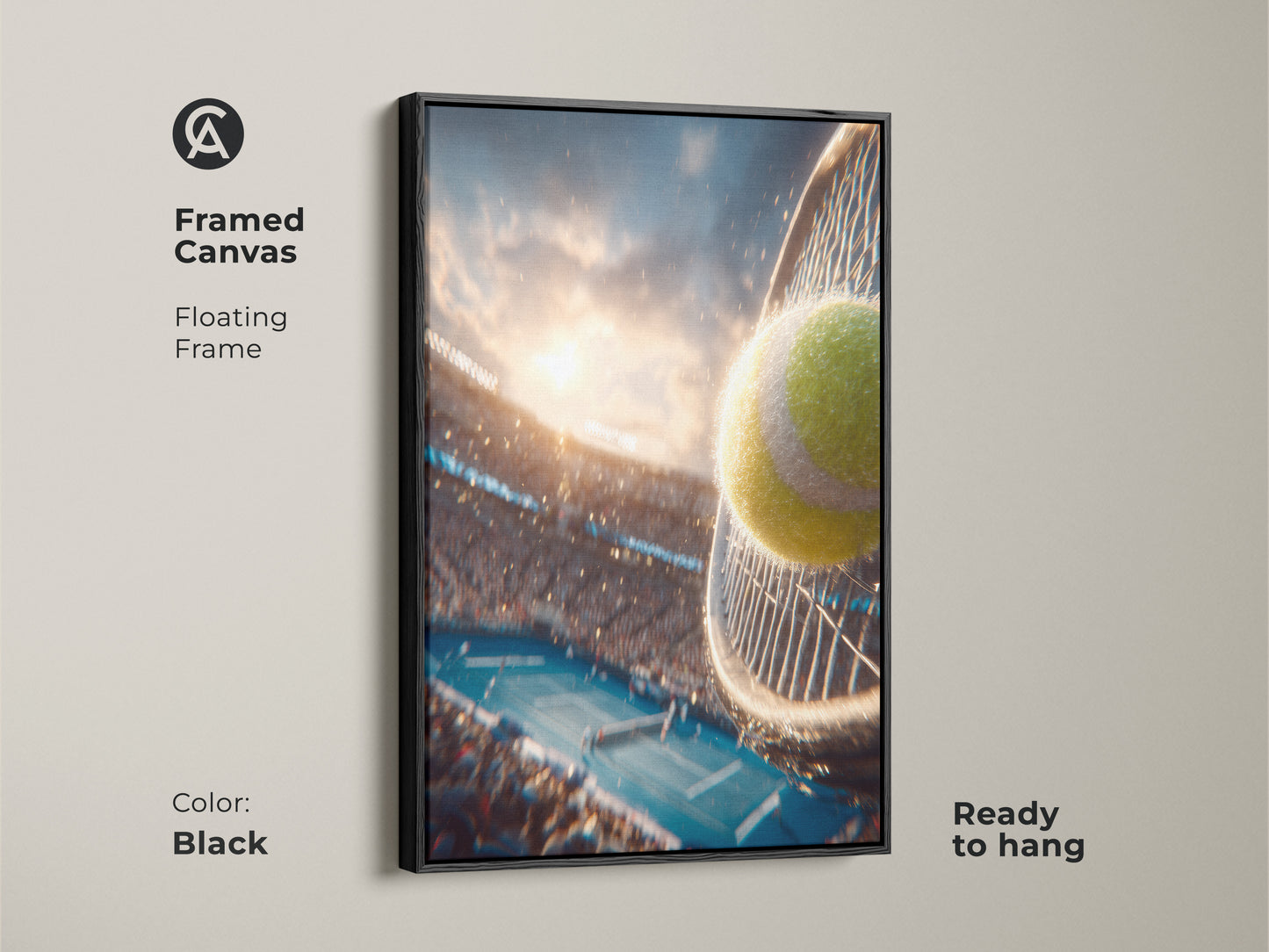 Framed canvas artwork with a floating frame. The black frame enhances the artwork. The artwork is ready to hang. The artwork shows a tennis ball hitting a racket during a match. The crowd is blurred in the background.