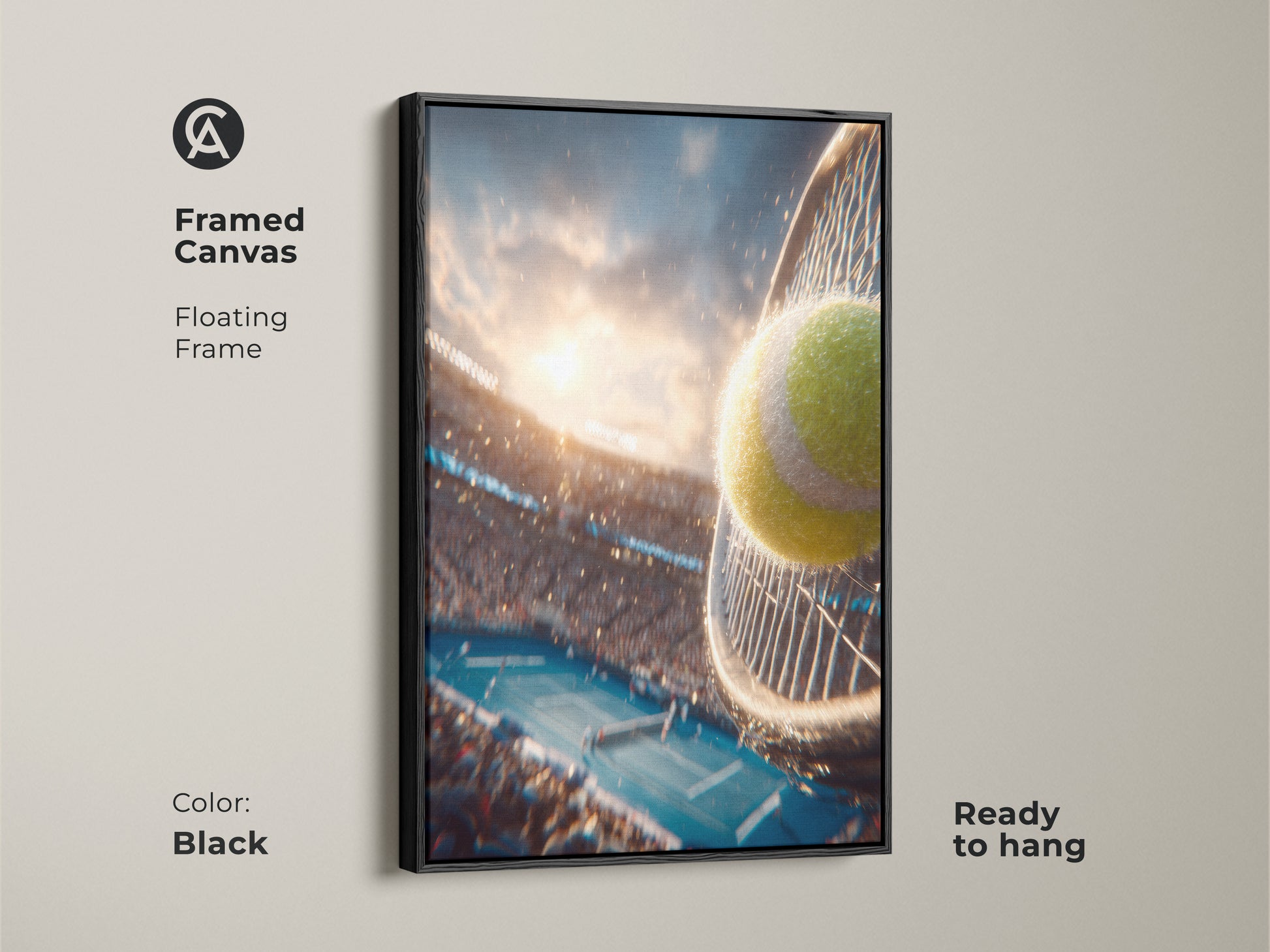 Framed canvas artwork with a floating frame. The black frame enhances the artwork. The artwork is ready to hang. The artwork shows a tennis ball hitting a racket during a match. The crowd is blurred in the background.