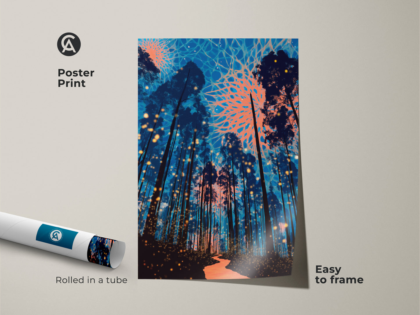 Elevate your space with this surreal poster print of a dreamy forest. The deep blue pine trees and coral lights create a fantasy scene. This nature art is easy to frame. Perfect for nature lovers and eclectic bedroom decor adding artistic style effortlessly.