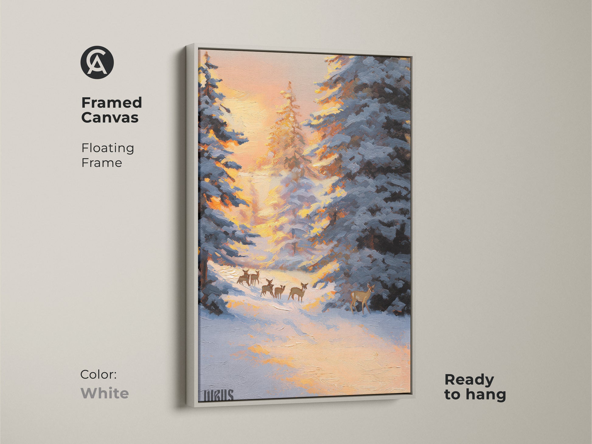Framed canvas of deer in snowy forest wall art with a floating white frame. This winter landscape canvas print is ready to hang. This rustic nature decor features a striking blue and orange palette. The peaceful forest scene art brings wildlife beauty into your home.