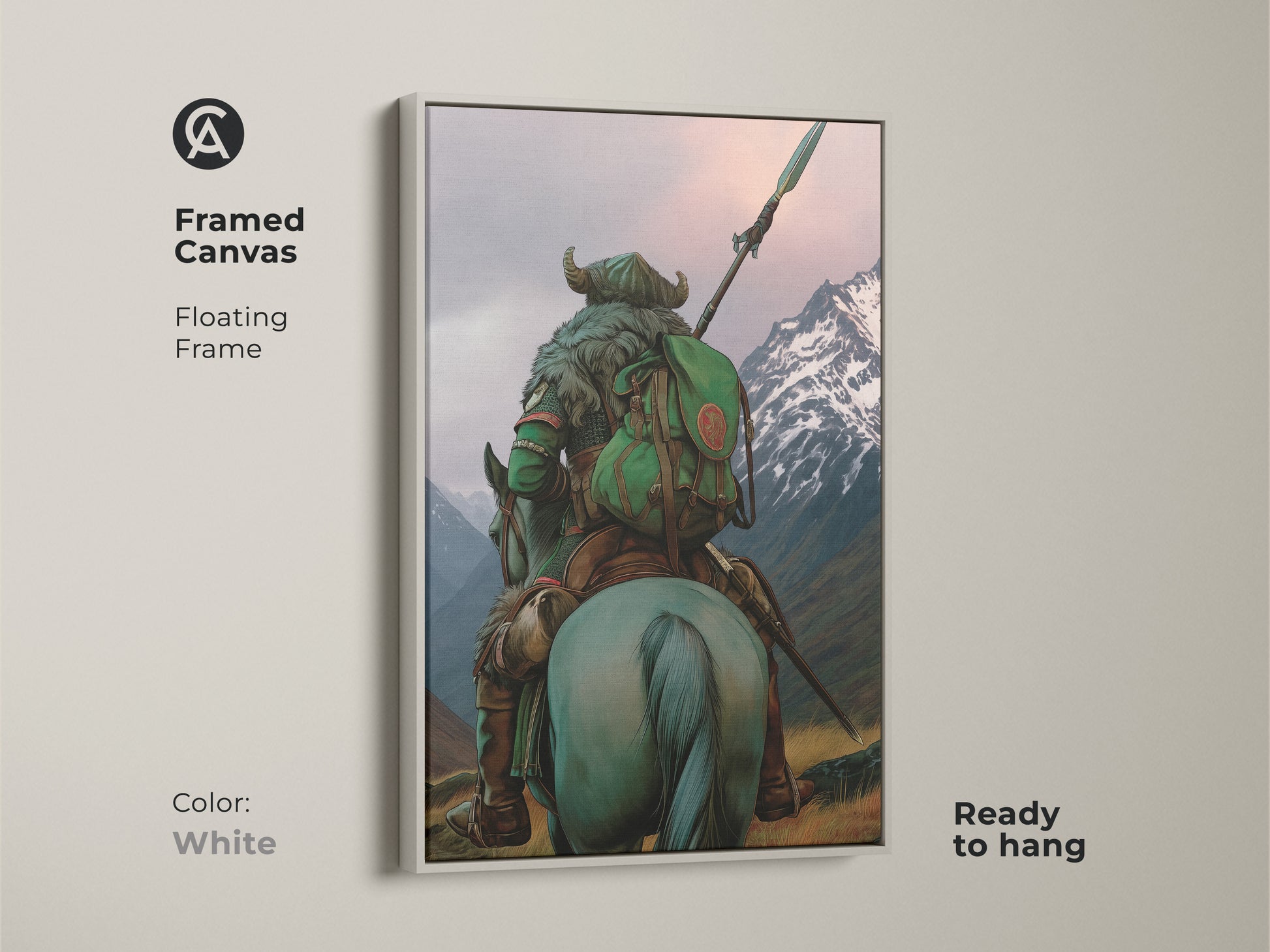 Brighten your living space with this framed canvas artwork featuring a dark fantasy warrior. The white floating frame highlights the teal and grey hues of the mountainous scenery. Ready to hang. An ideal adventure art for office or bedroom. Perfect for fantasy and adventure enthusiasts.