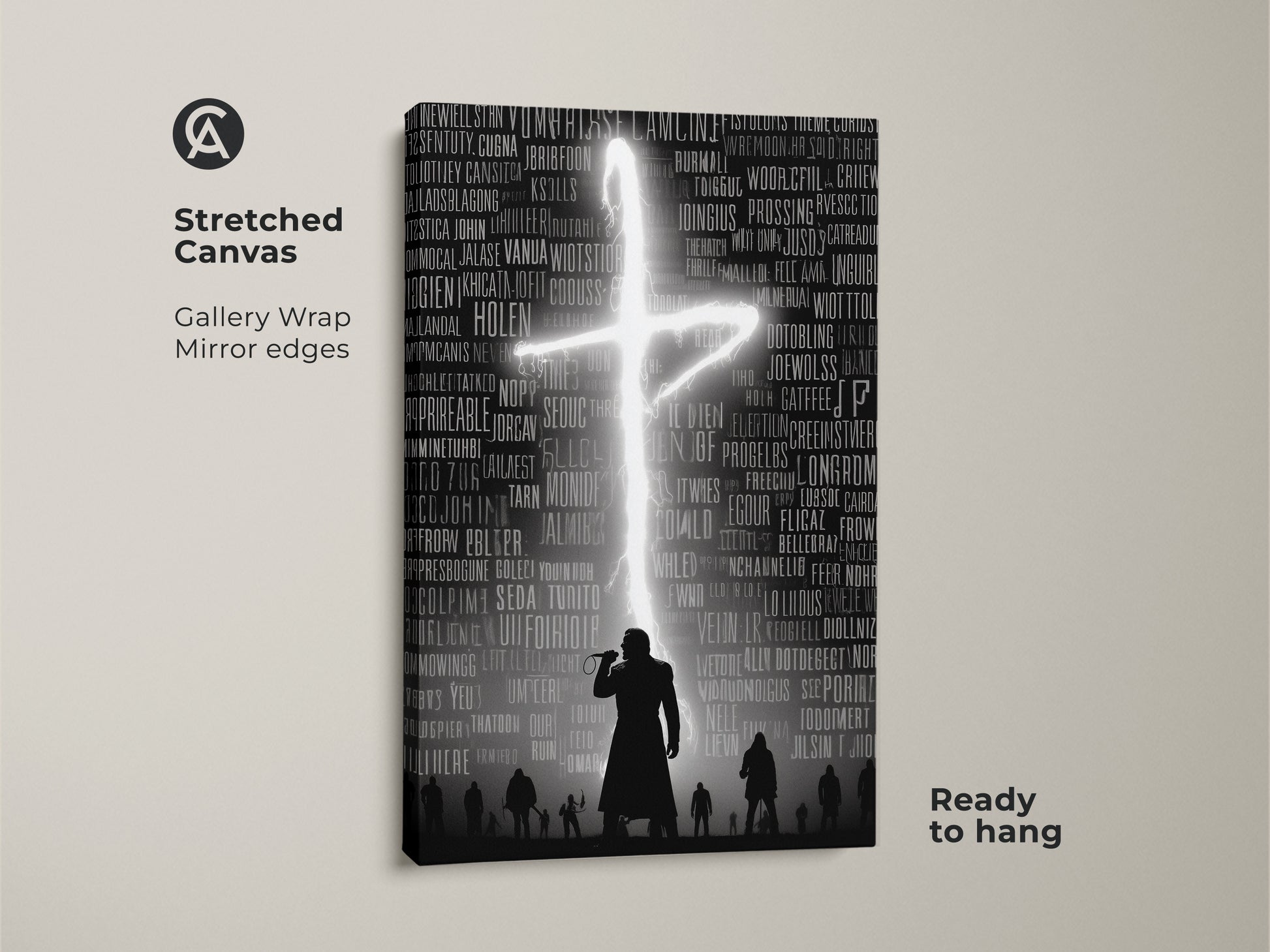 Stretched canvas gallery wrap featuring gothic singer wall art. A hip hop concert poster design is displayed. Dark academia art print with mirror edges enhances the effect. Music performance canvas ready to hang. This typography cross art serves as bold black and white wall decor.