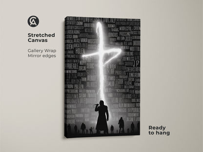 Stretched canvas gallery wrap featuring gothic singer wall art. A hip hop concert poster design is displayed. Dark academia art print with mirror edges enhances the effect. Music performance canvas ready to hang. This typography cross art serves as bold black and white wall decor.