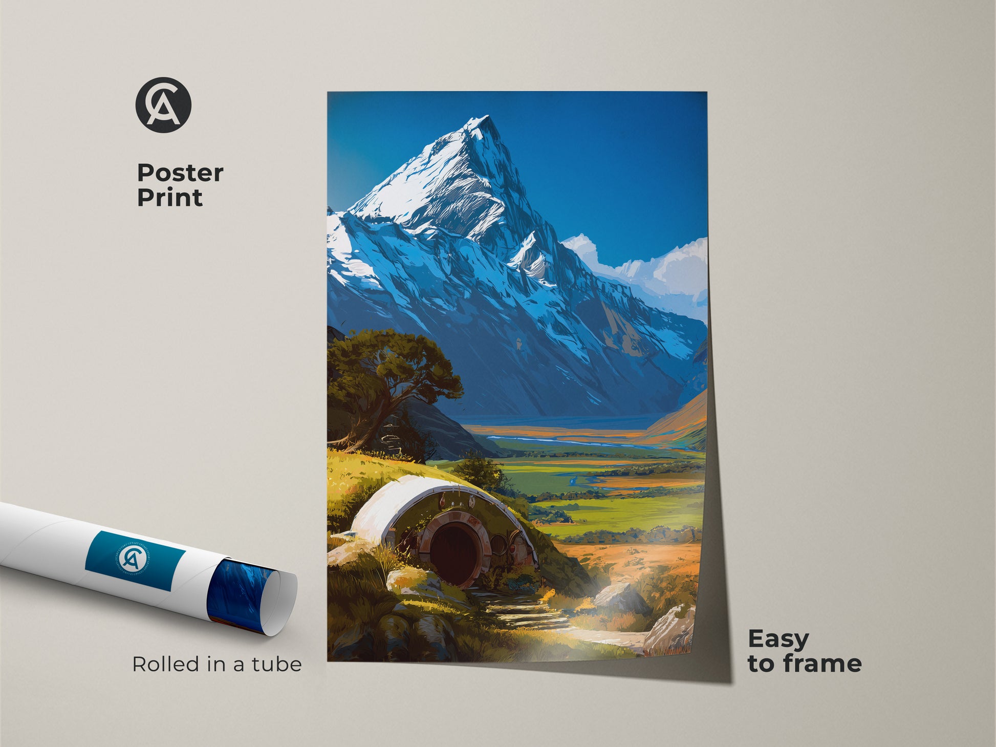 Poster print version of a cozy Hobbit Hole landscape art featuring a majestic snowy mountain. The fantasy art is easy to frame and adds a whimsical touch to your home decor. This digital painting is perfect for fantasy lovers. A unique housewarming gift.
