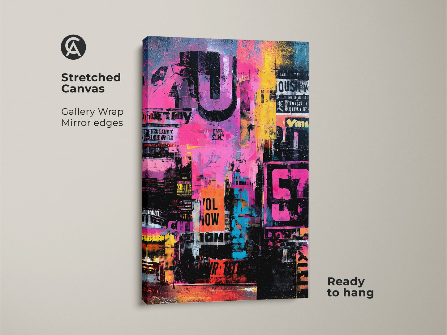 Stretched canvas art with gallery wrap. Mirror edges add depth to the abstract artwork. The canvas is ready to hang. The colorful urban typography makes a bold statement. Perfect for modern art lovers seeking a unique wall art.