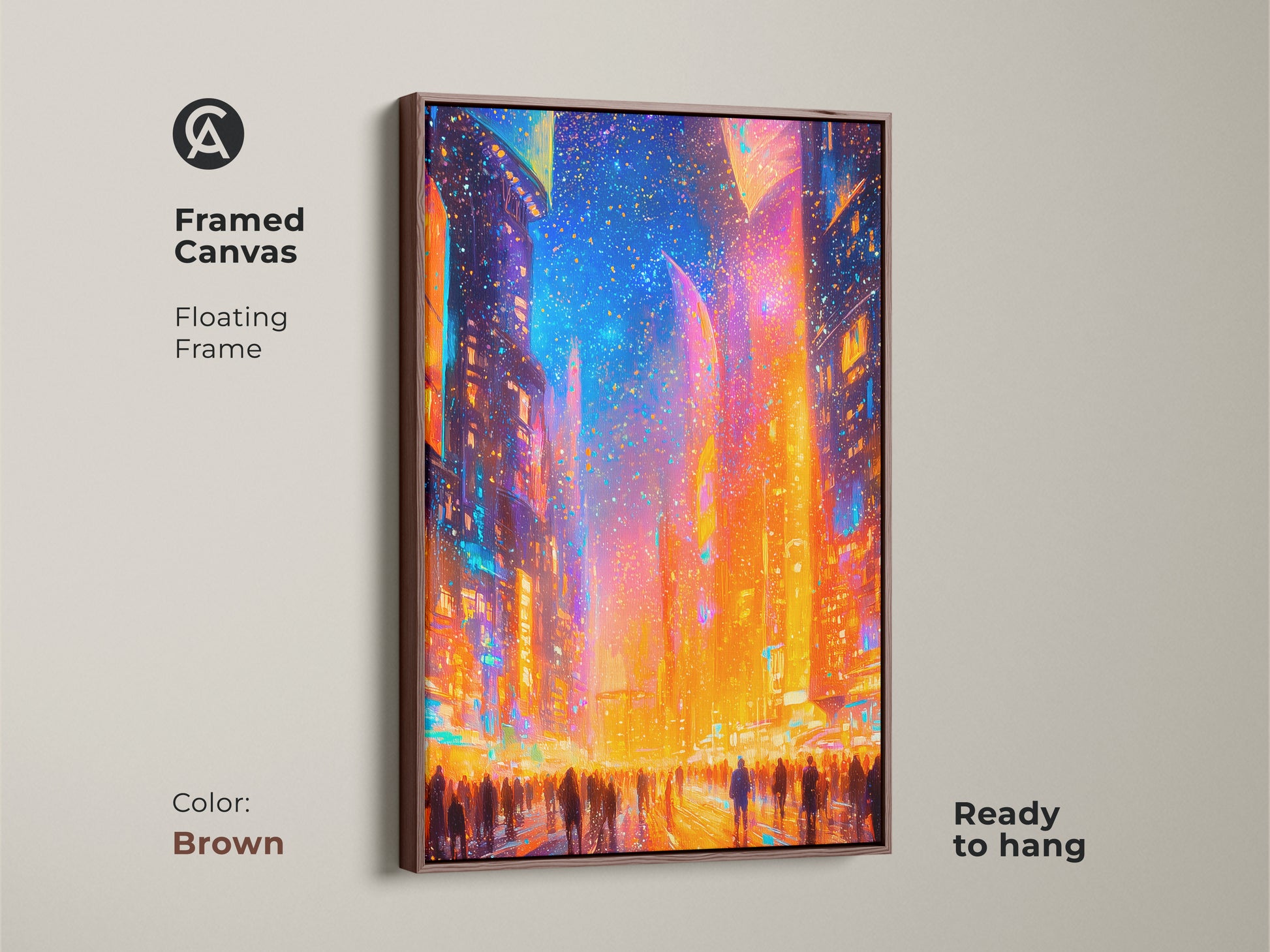 Framed canvas artwork in a brown floating frame. The artwork shows a colorful cityscape and a crowd. This ready to hang art print brings warmth to your space. The brown frame enhances the artwork's vibrant colors.