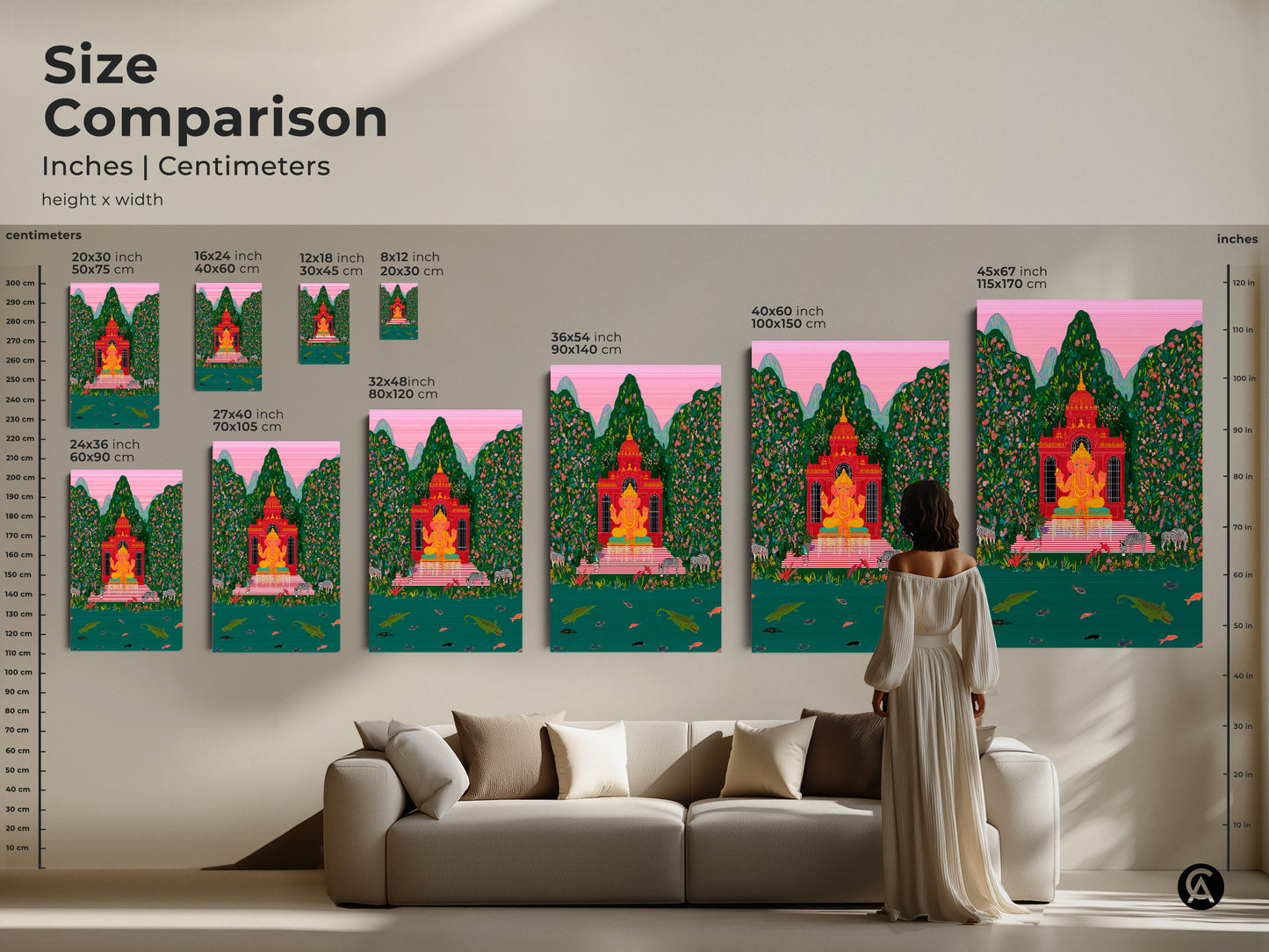 Size comparison of Ganesha art prints in inches and centimeters. Visualize the dimensions of this spiritual folk artwork. The eclectic tropical jungle scene is available in various sizes. Perfect for any room. Add a unique wall hanging to your home decor. Vibrant colors and lush artwork.