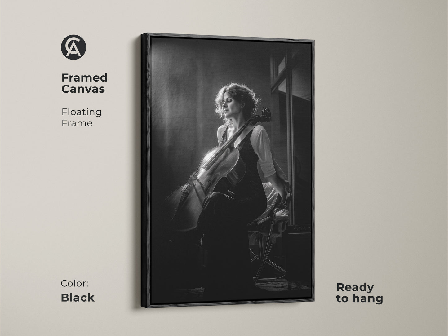 Framed canvas featuring a black and white cellist portrait. This contemporary music artwork is ready to hang. A floating frame adds sophistication to this musician gift. Perfect for home studio wall decor or a music room. The black frame enhances the monochrome artwork.