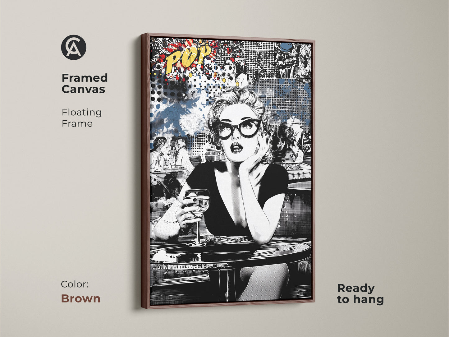 This framed canvas print features a retro woman with a cocktail. The brown floating frame complements the black and white pop art. Adds vintage charm to any room. Ideal as retro bar cabinet decor or eclectic woman art. Ready to hang for easy setup.