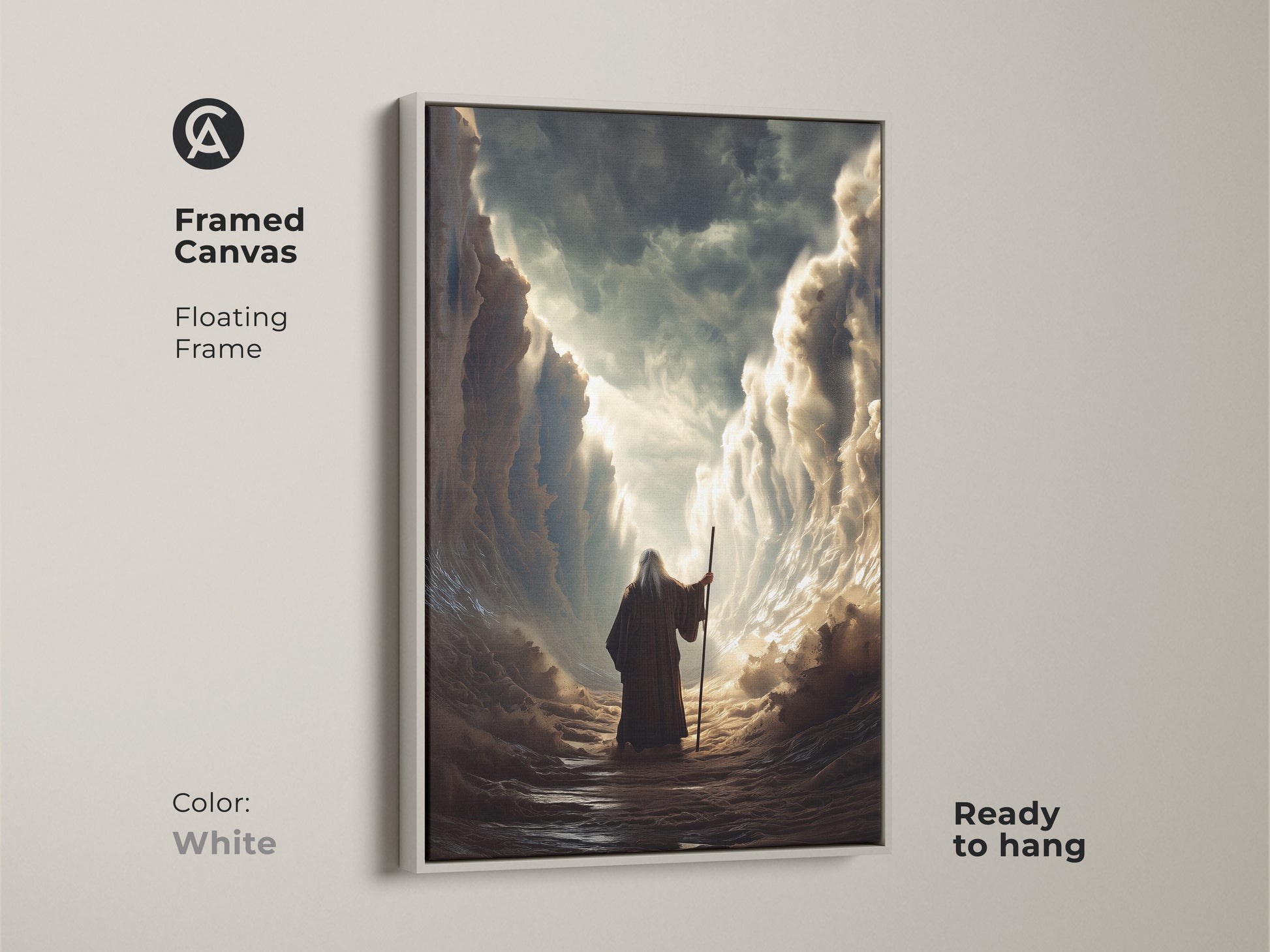 Enhance your home with this framed canvas art of Moses parting the Red Sea. The floating frame adds a touch of elegance. This ready-to-hang religious artwork in white will inspire daily reflection and add a touch of history to any space.