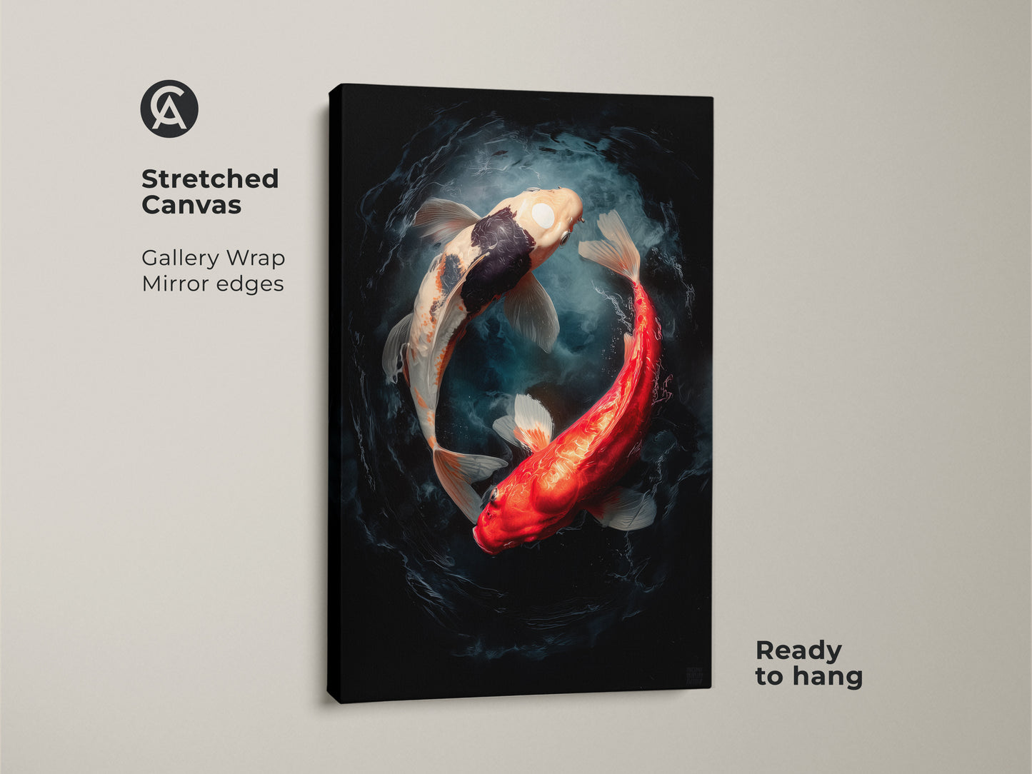 Stretched canvas print featuring two koi fish in a yin and yang pose. The gallery wrap canvas has mirrored edges. This canvas art is ready to hang. This is an excellent choice for modern decor.