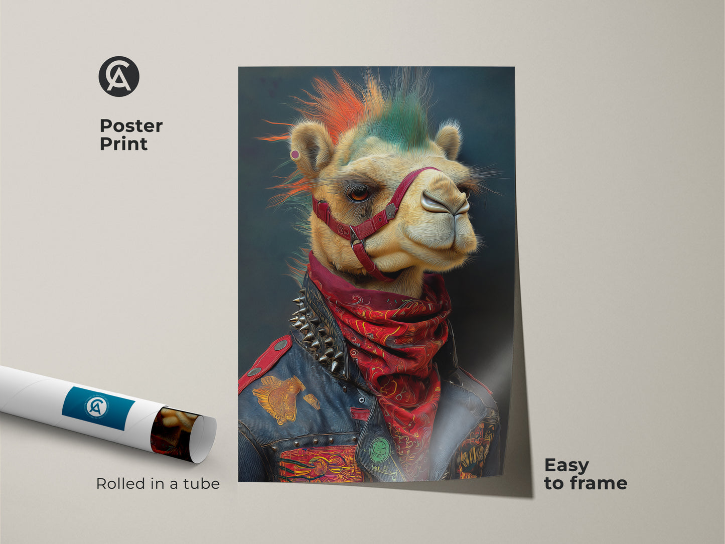 The poster print showcases a punk camel. The mohawk and studded jacket make this a rocker animal art piece. This camel fantasy portrait is easy to frame. Ideal for punk rock decor and eclectic office art. This animal with mohawk print makes a cool and edgy statement. Add a unique touch to your wall art collection.