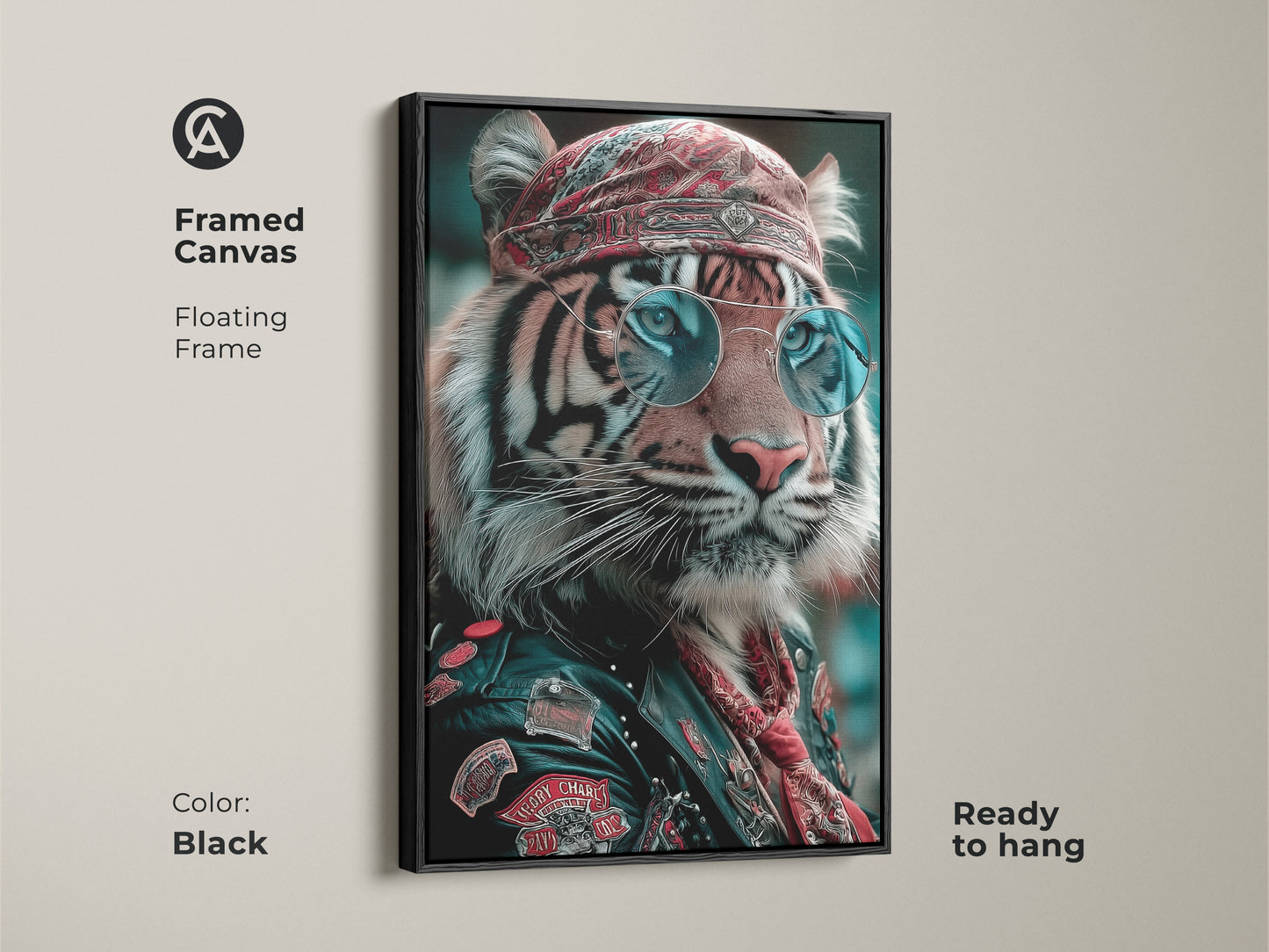 Framed canvas of the tiger biker artwork. Black floating frame ready to hang. It's a cool tiger wall art. Ideal as man cave tiger decor or biker lifestyle decor. The sunglasses and bandana give an eclectic wildlife art vibe. Perfect for a unique animal canvas.
