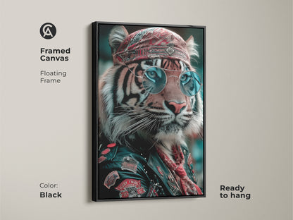 Framed canvas of the tiger biker artwork. Black floating frame ready to hang. It's a cool tiger wall art. Ideal as man cave tiger decor or biker lifestyle decor. The sunglasses and bandana give an eclectic wildlife art vibe. Perfect for a unique animal canvas.