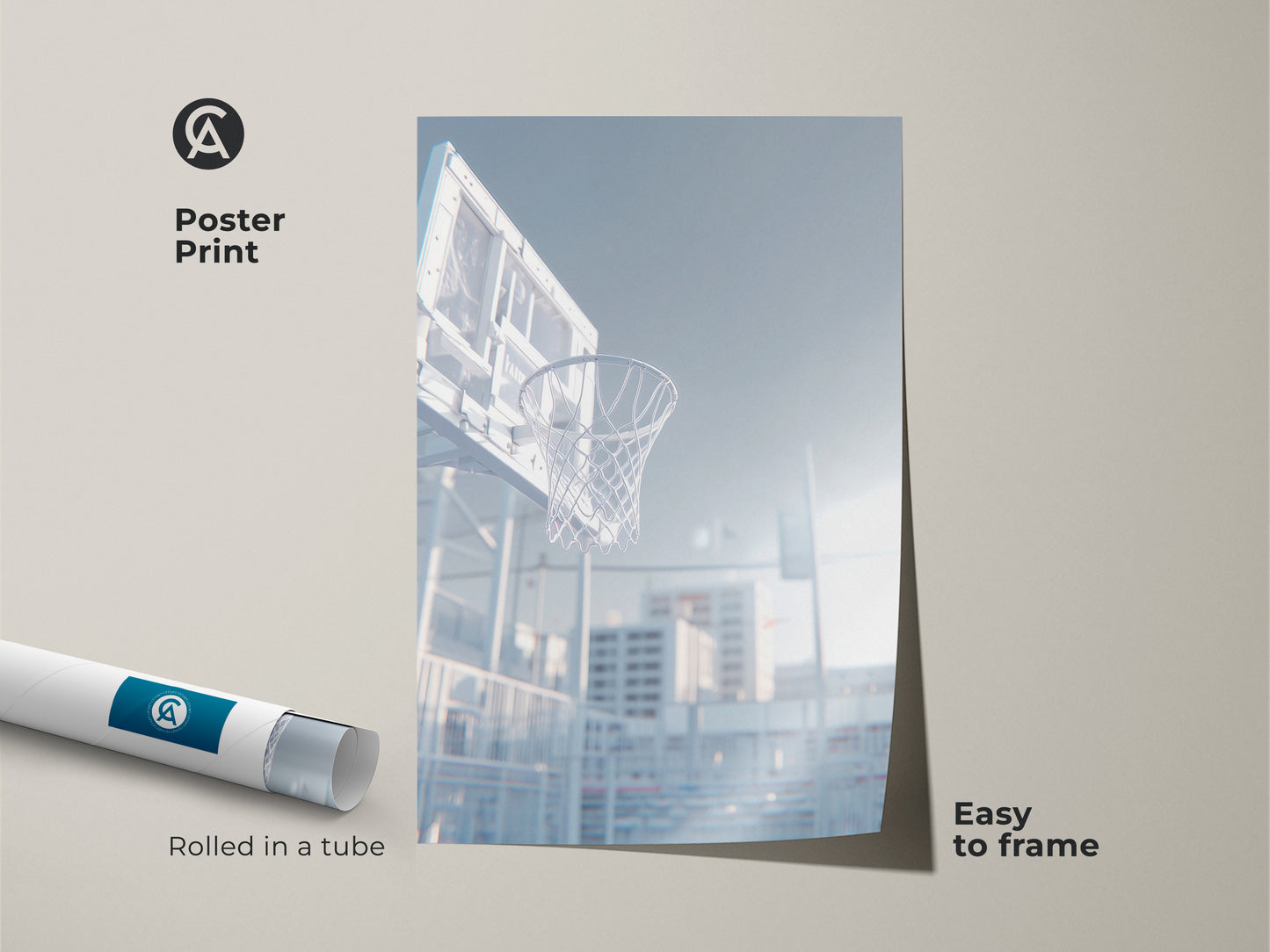 Poster print of a basketball hoop. The low angle shot captures the net and sunlight shining through. This museum-quality paper print is rolled in a tube. It is easy to frame. Shop now.