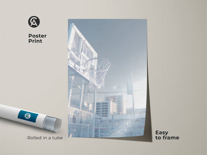 Poster print of a basketball hoop. The low angle shot captures the net and sunlight shining through. This museum-quality paper print is rolled in a tube. It is easy to frame. Shop now.